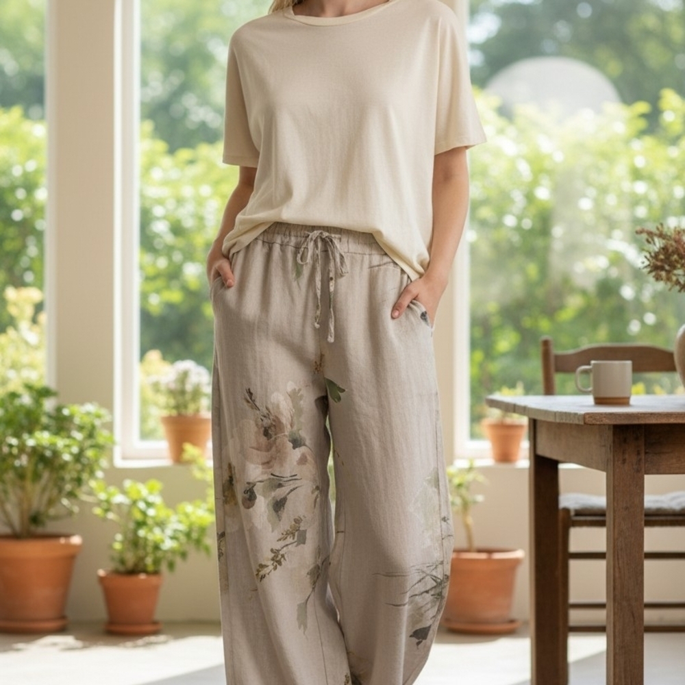 Floral Light Taupe Linen Wide-Leg Drawstring Pants
